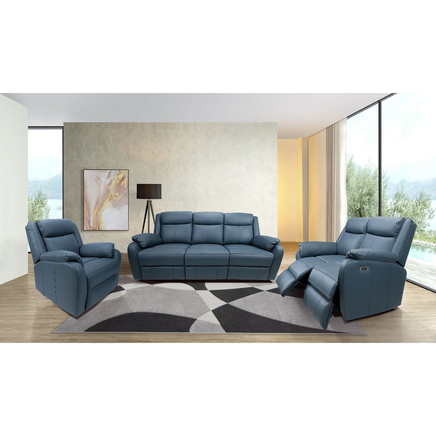 Bella 3+2+1 Seater Electric Recliner Genuine Leather Upholstered Lounge - Blue - Cosy Abode