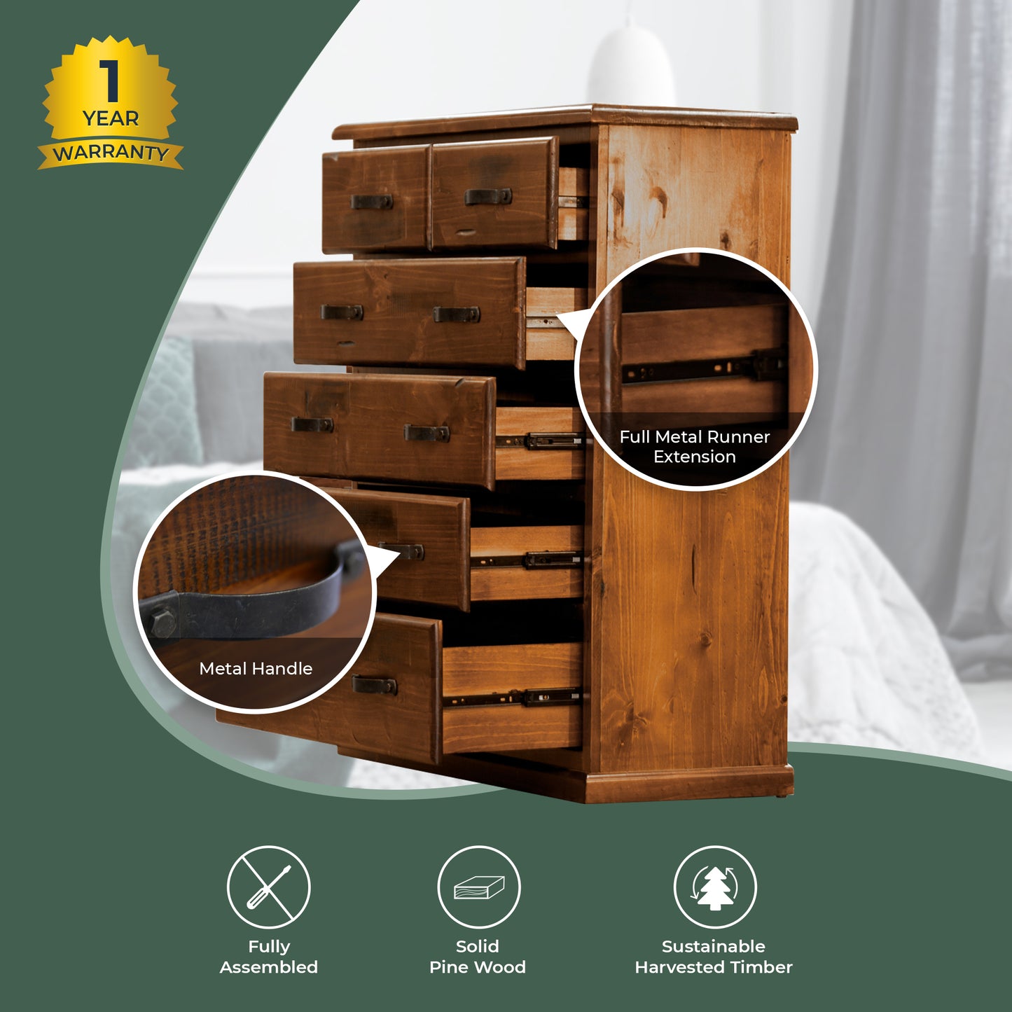 Umber Tallboy 6 Chest of Drawers Solid Pine Wood Storage Cabinet - Dark Brown - Cosy Abode