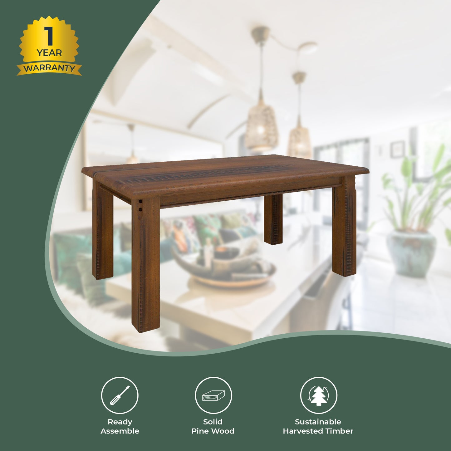 Umber 7pc Dining Set 180cm Table 6 Chair Solid Pine Wood Timber - Dark Brown - Cosy Abode