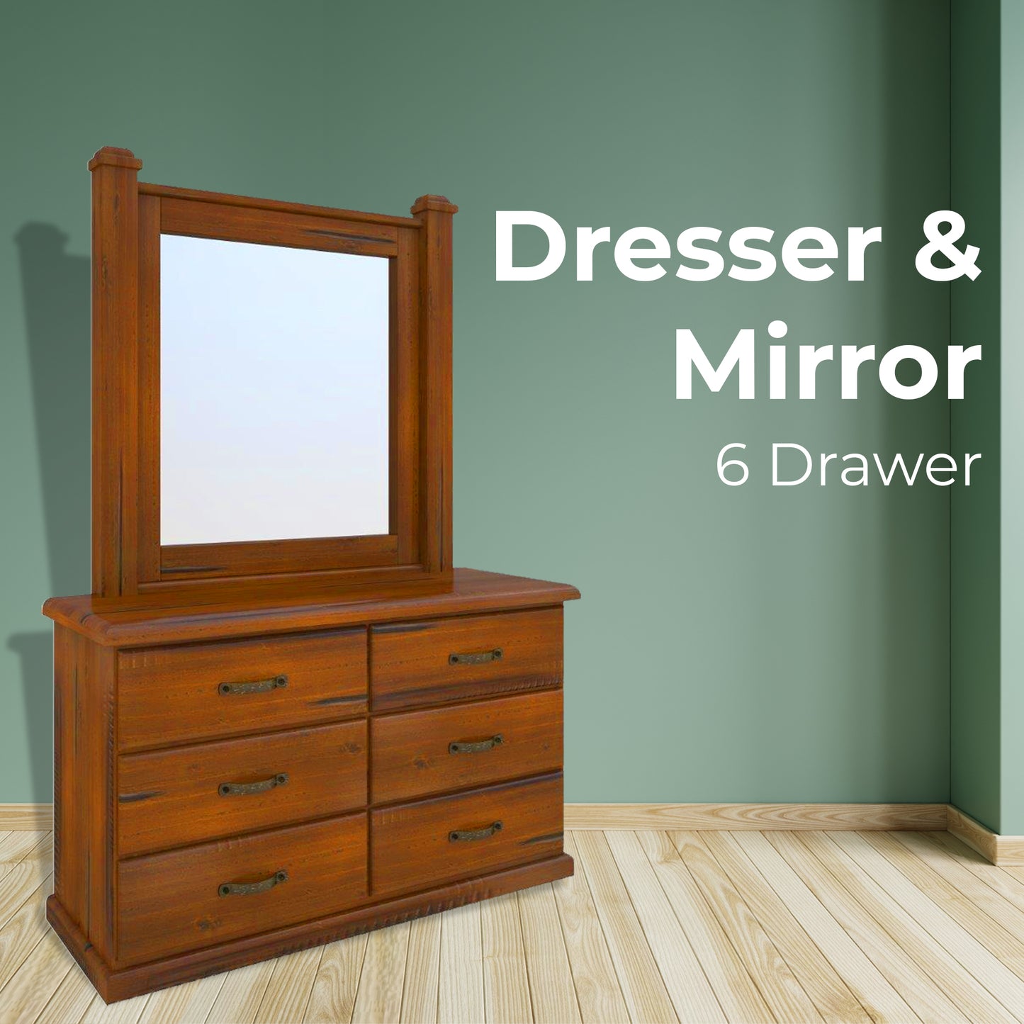 Umber Dresser Mirror 7 Chest of Drawers Solid Wood Storage Cabinet - Dark Brown - Cosy Abode