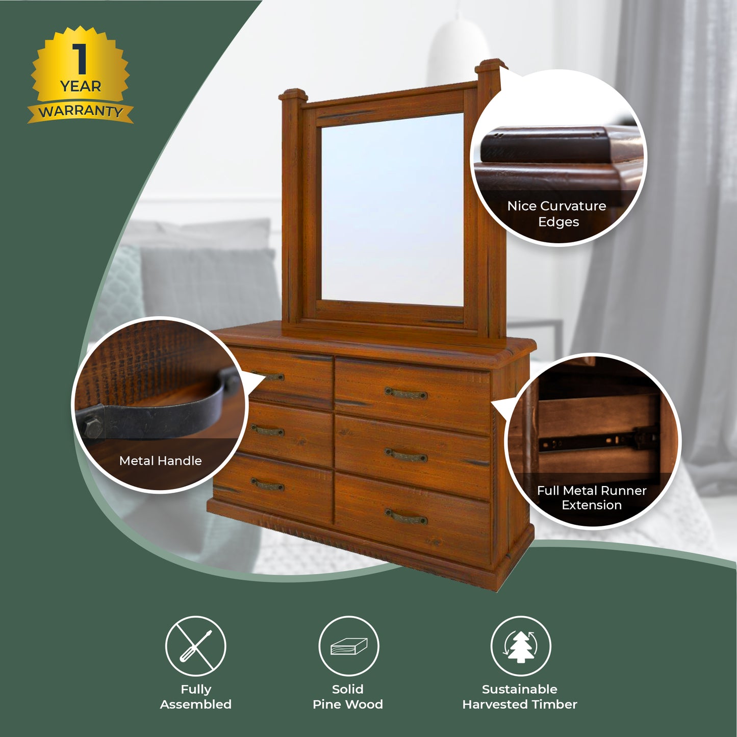 Umber Dresser Mirror 7 Chest of Drawers Solid Wood Storage Cabinet - Dark Brown - Cosy Abode