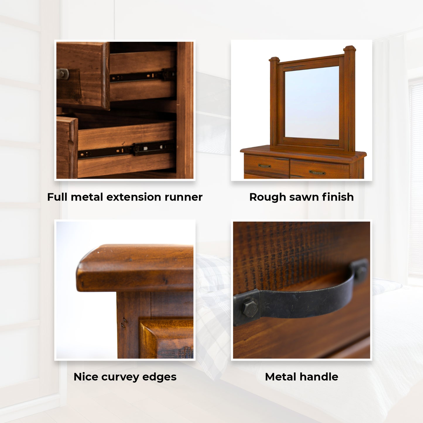 Umber Dresser Mirror 7 Chest of Drawers Solid Wood Storage Cabinet - Dark Brown - Cosy Abode