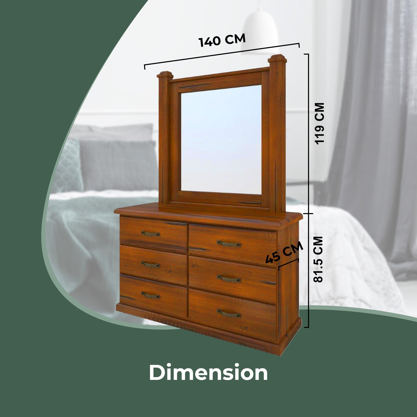 Umber Dresser Mirror 7 Chest of Drawers Solid Wood Storage Cabinet - Dark Brown - Cosy Abode