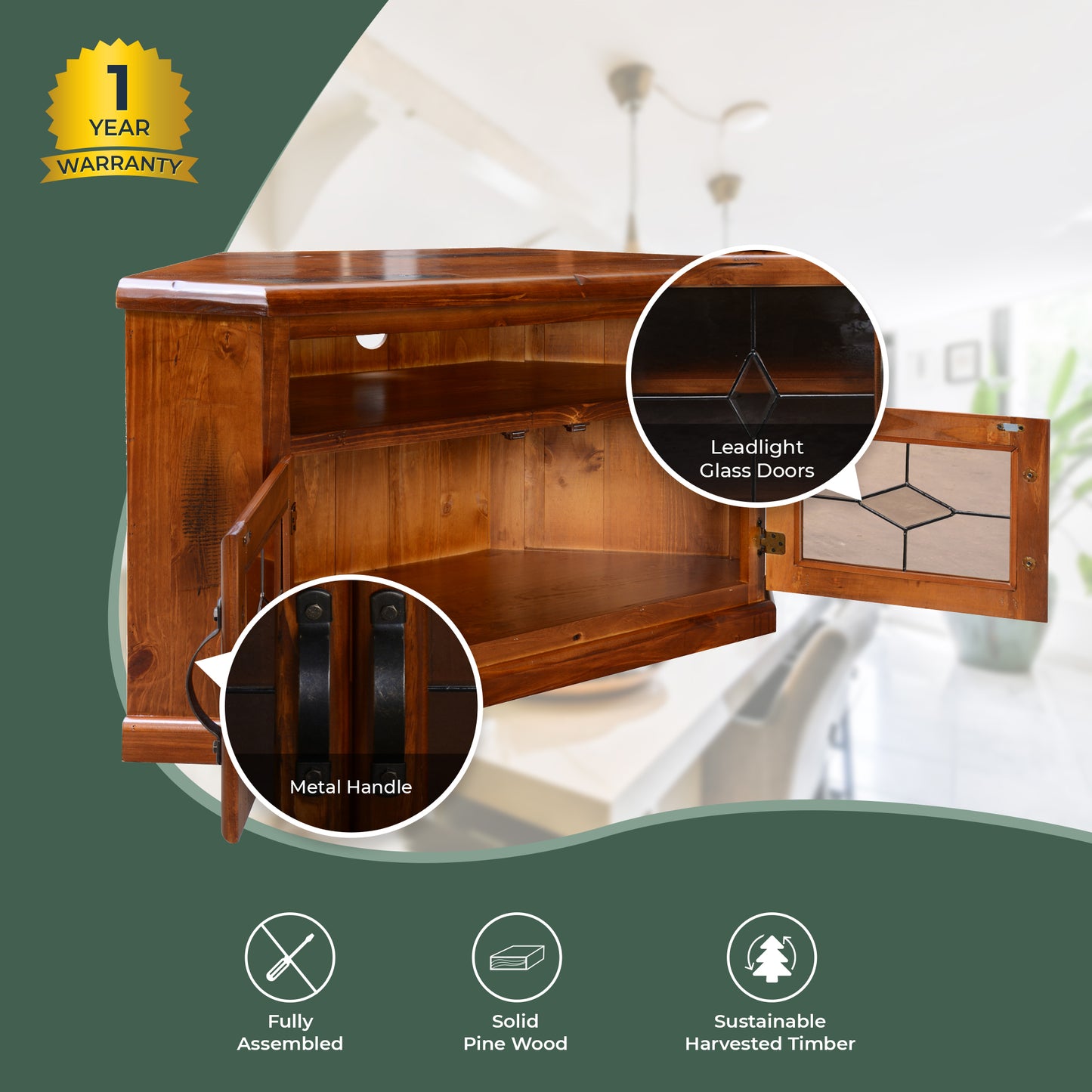 Umber Corner ETU Entertainment TV Unit 126cm 2 Door Solid Pine Wood - Dark Brown - Cosy Abode