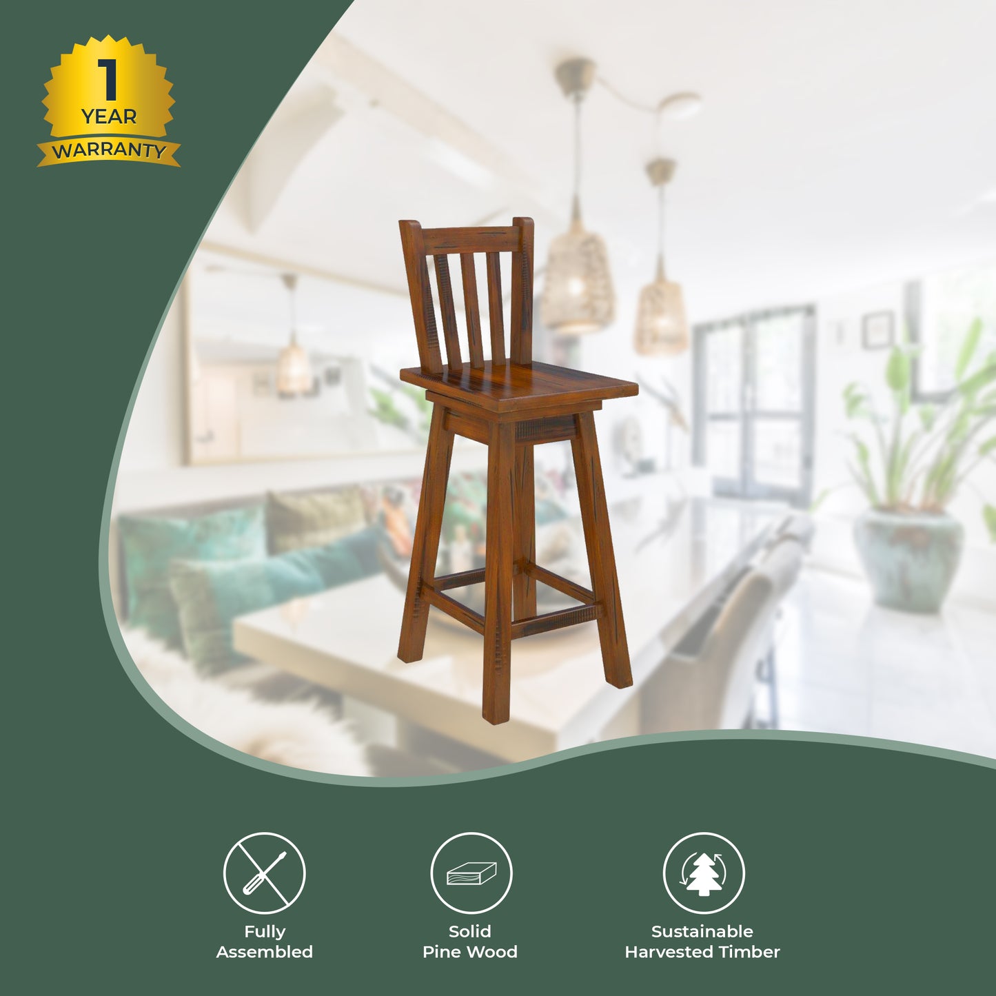 Umber Bar Stools Kitchen Stool Kitchen Counter Seat Solid Pine Wood - Dark Brown - Cosy Abode
