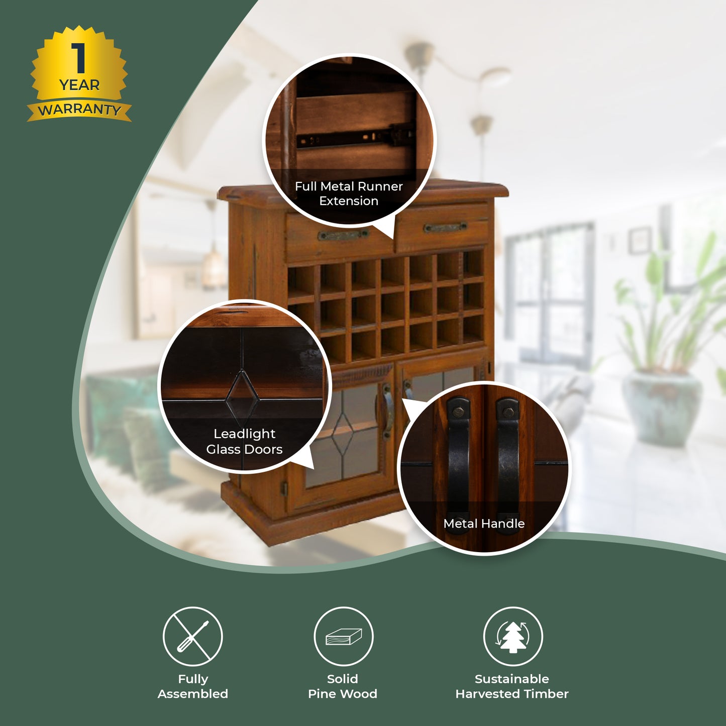 Umber Sideboard Buffet Wine Cabinet Bar Bottle Wooden Storage Rack - Dark Brown - Cosy Abode