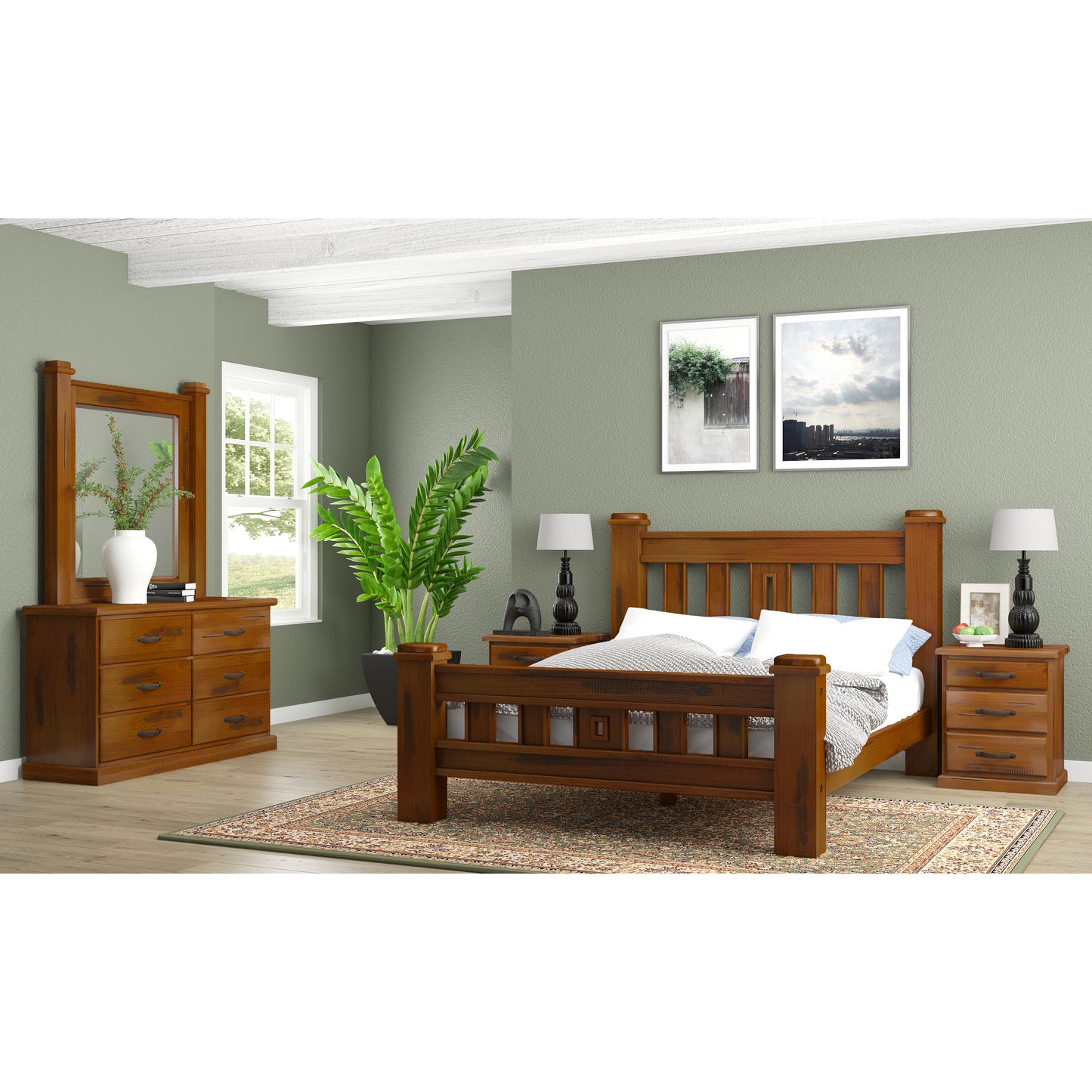 Umber 4pc Queen Bed Frame Suite Bedside Dresser Furniture Package - Dark Brown - Cosy Abode
