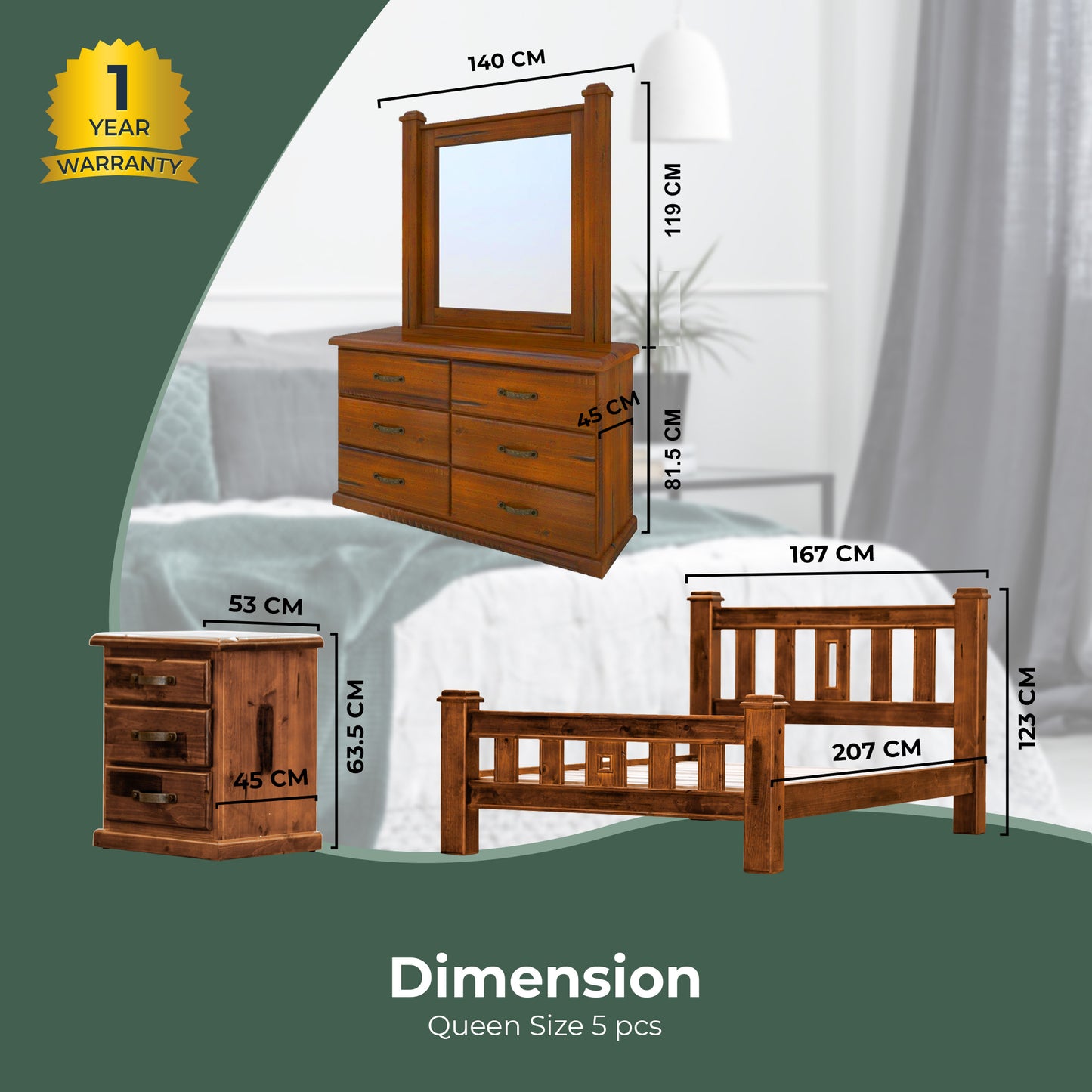 Umber 4pc Queen Bed Frame Suite Bedside Dresser Furniture Package - Dark Brown - Cosy Abode