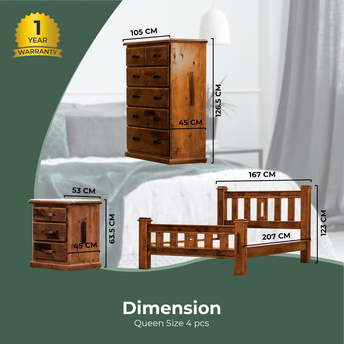 Umber 4pc Queen Bed Frame Suite Bedside Tallboy Furniture Package - Dark Brown - Cosy Abode