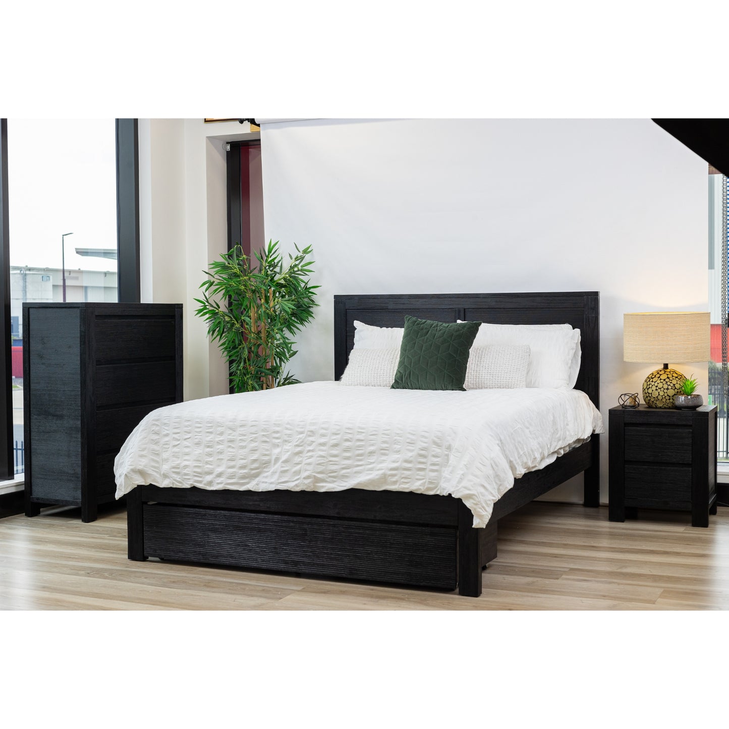 Tofino 4pc Queen Bed Suite Bedside Tallboy Bedroom Furniture Package - Black - Cosy Abode
