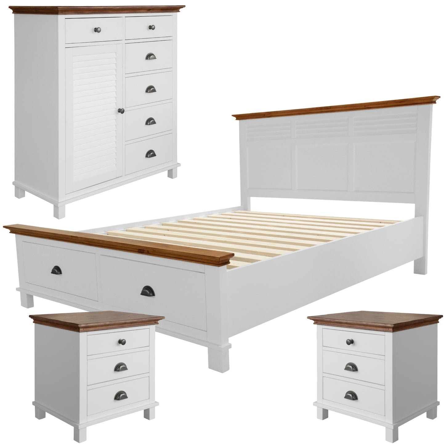 Virginia 4pc Queen Bed Suite Bedside Tallboy Bedroom Furniture Package - White - Cosy Abode