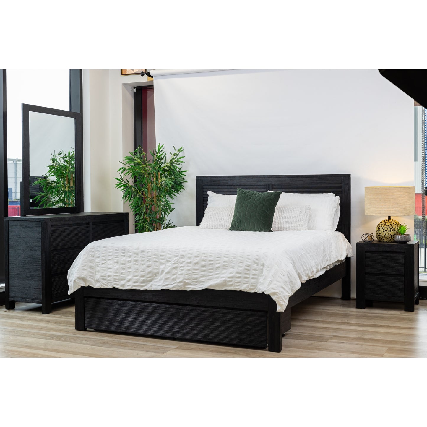 Tofino Bed Frame King Size Timber Mattress Base With Storage Drawers - Black - Cosy Abode