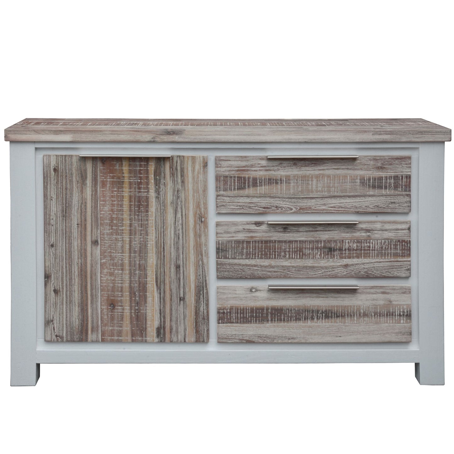 Plumeria Buffet Table 145cm 1 Door 3 Drawer Solid Acacia Timber - White Brush - Cosy Abode