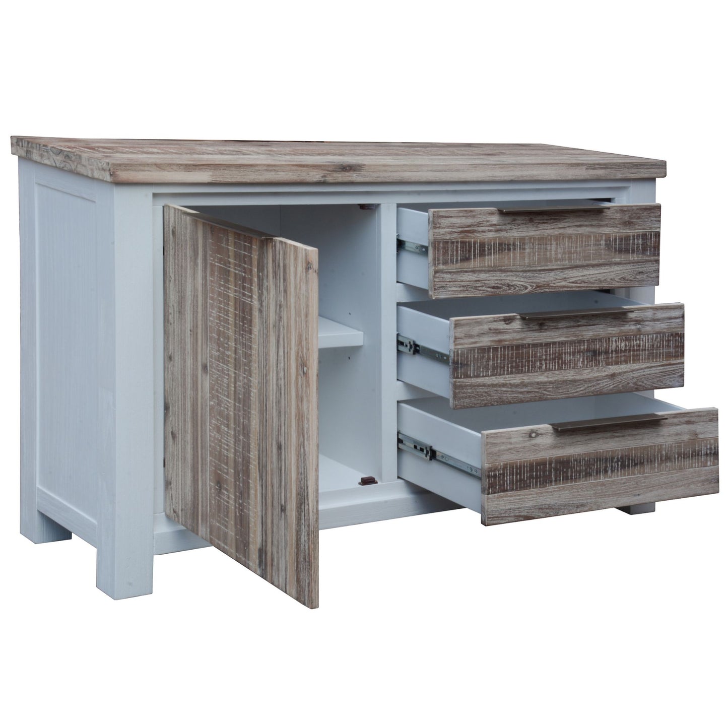 Plumeria Buffet Table 145cm 1 Door 3 Drawer Solid Acacia Timber - White Brush - Cosy Abode