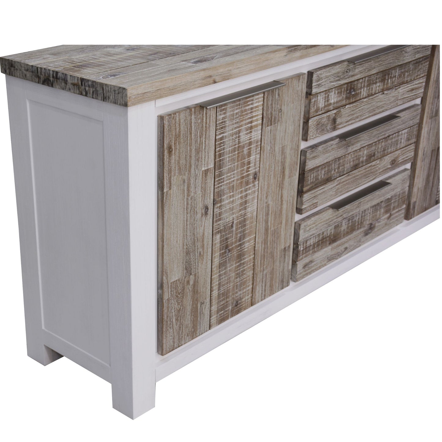 Plumeria Buffet Table 200cm 2 Door 3 Drawer Solid Acacia Timber - White Brush - Cosy Abode