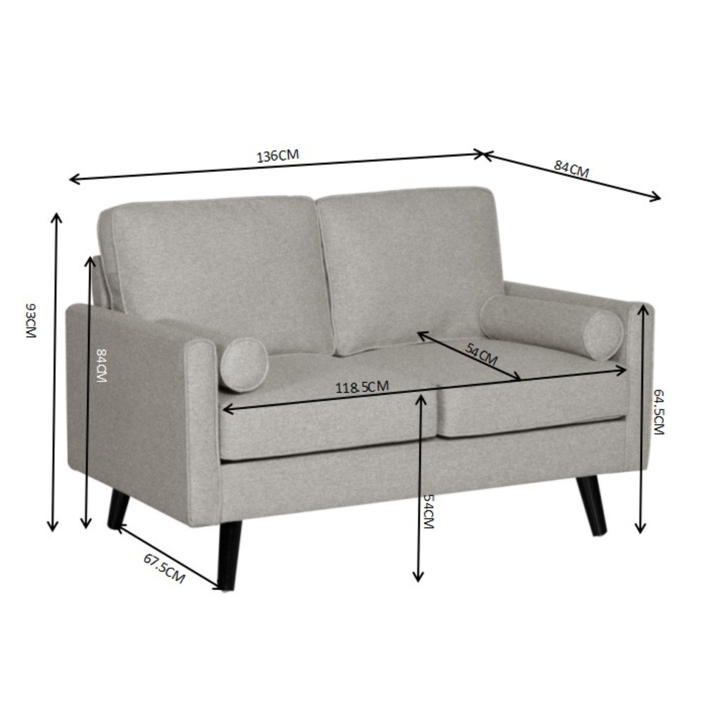 Lexi 2 Seater Sofa Fabric Uplholstered Lounge Couch - Light Grey - Cosy Abode