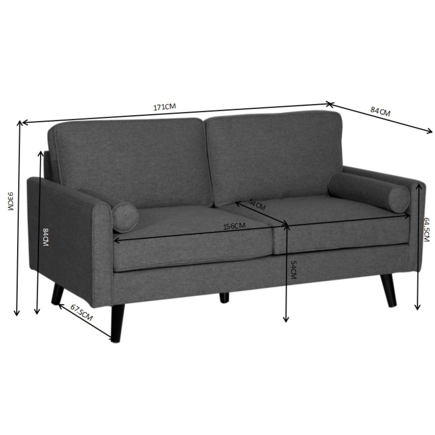 Lexi 2 + 2.5 Seater Sofa Set Fabric Uplholstered Lounge Couch - Dark Grey - Cosy Abode