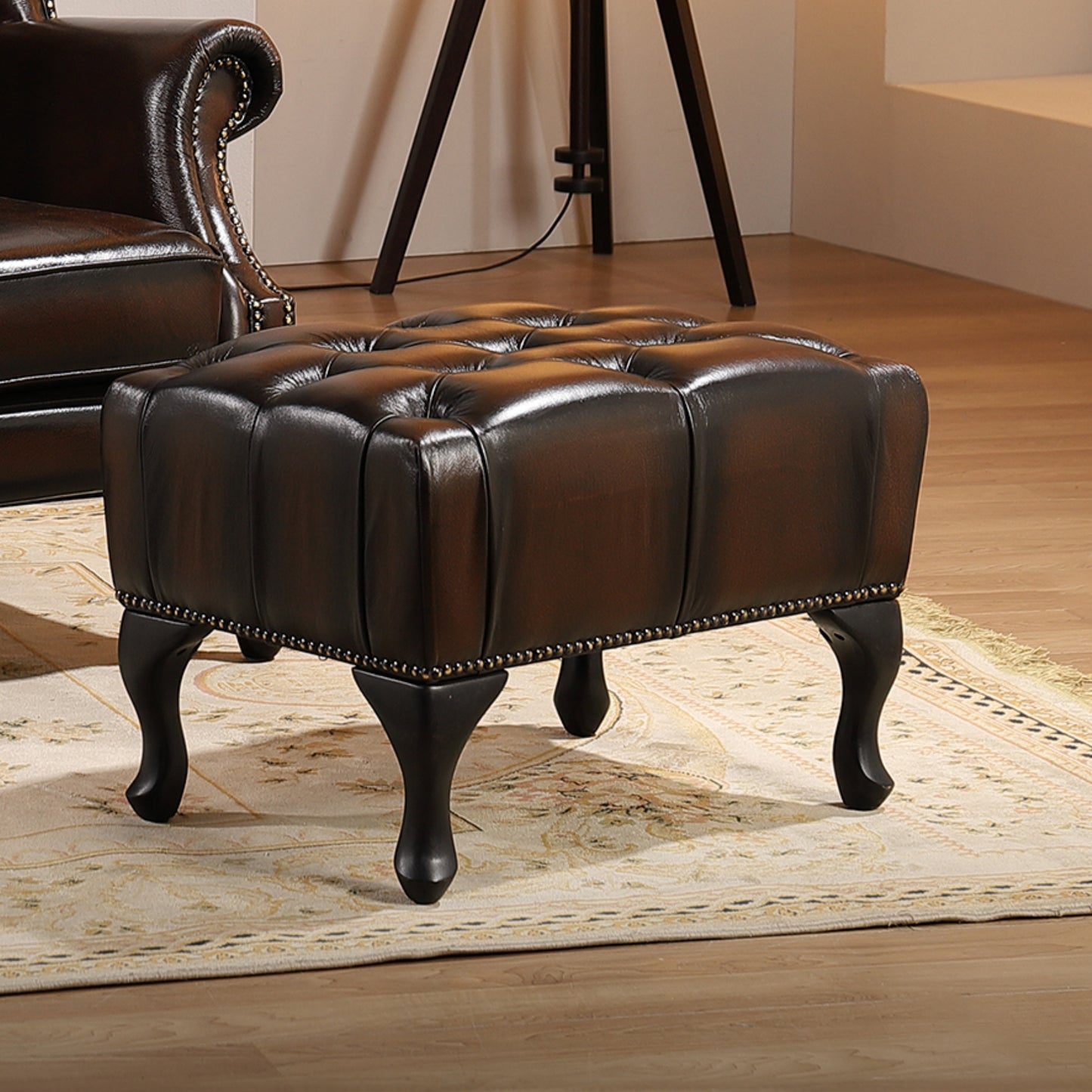 Max Chesterfield Ottoman Footstool Genuine Leather Antique Brown - Cosy Abode