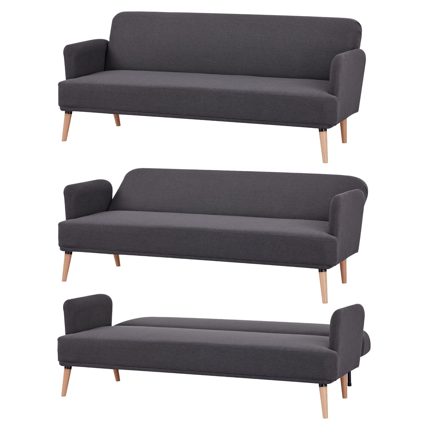 Merlin 3 Seater Sofa Futon Bed Fabric Lounge Couch - Charcoal - Cosy Abode