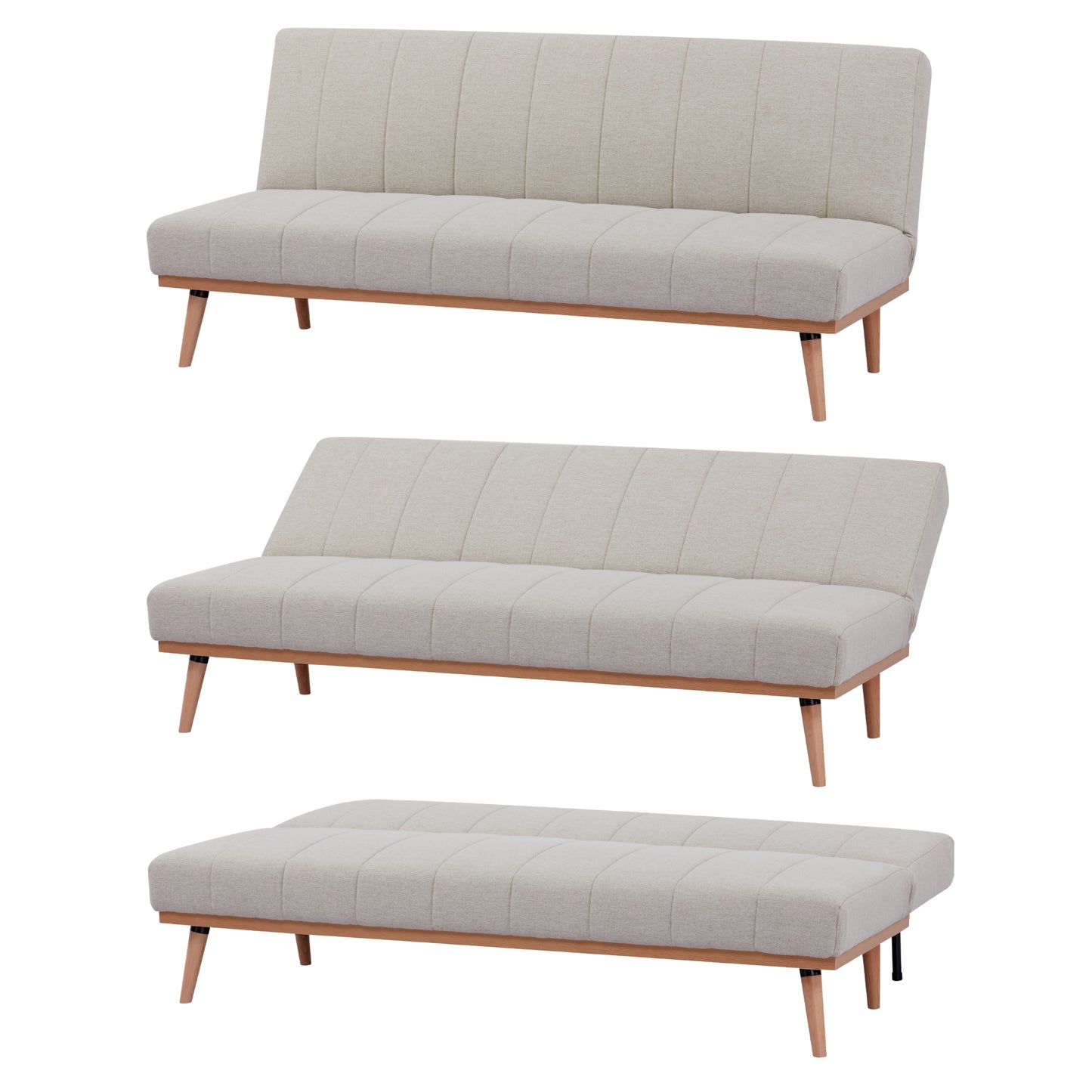 Monroe 3 Seater Sofa Futon Bed Fabric Lounge Couch - Beige - Cosy Abode