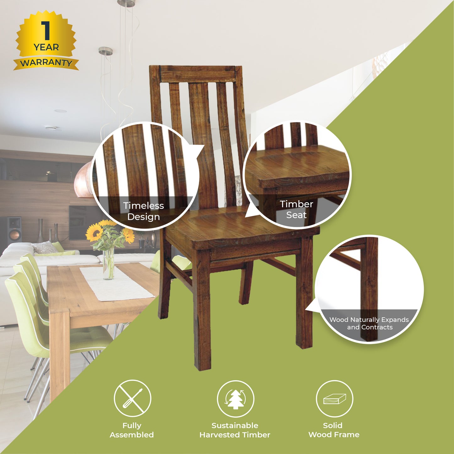 Birdsville Dining Chair Set of 2 Solid Mt Ash Wood Dining Furniture - Brown - Cosy Abode