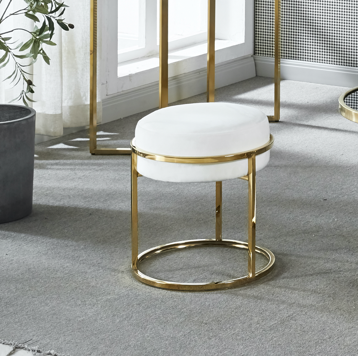 Interior Ave - Soho White Velvet & Gold Ottoman Footstool - Cosy Abode