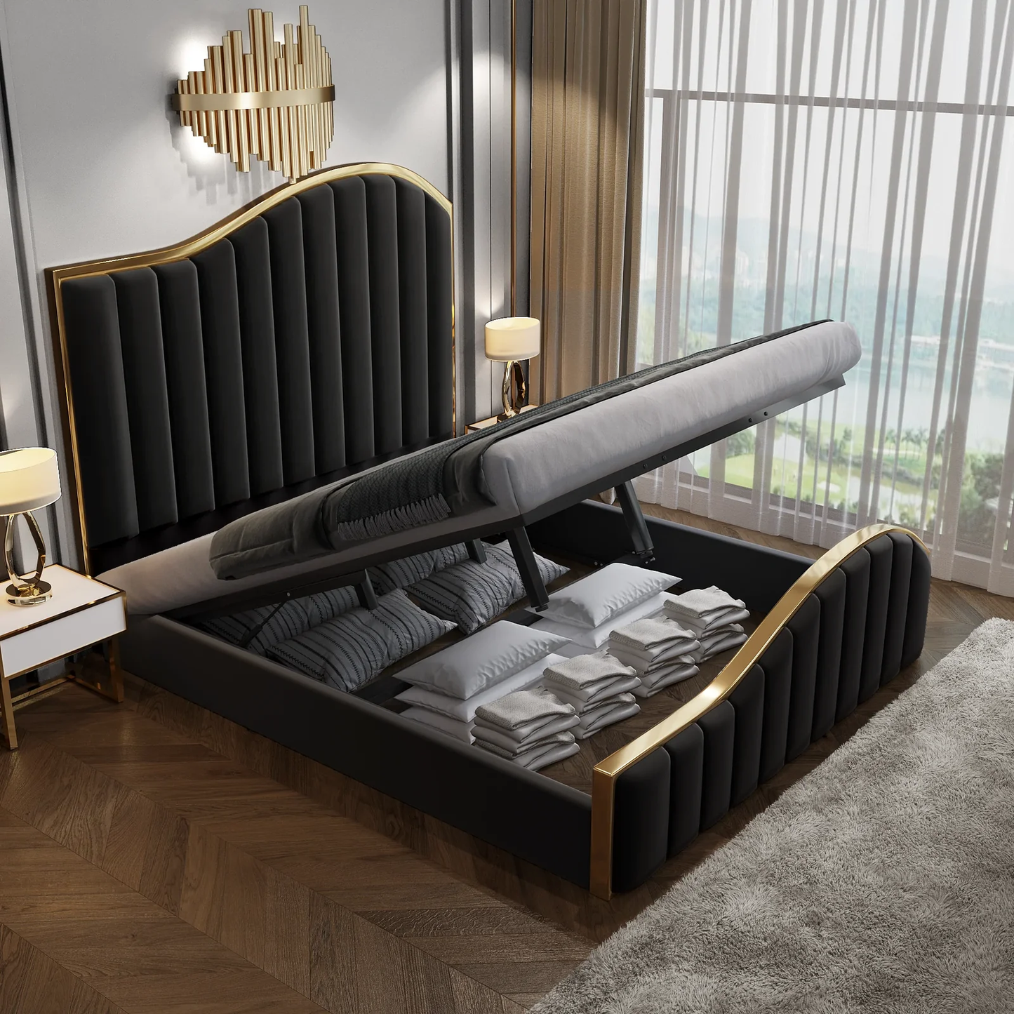 King Size Elegant Luxury Bedframe with Gas Lift Storage Black Velvet Fabric Golden Trim - Cosy Abode