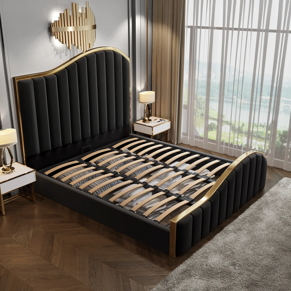 King Size Elegant Luxury Bedframe with Gas Lift Storage Black Velvet Fabric Golden Trim - Cosy Abode