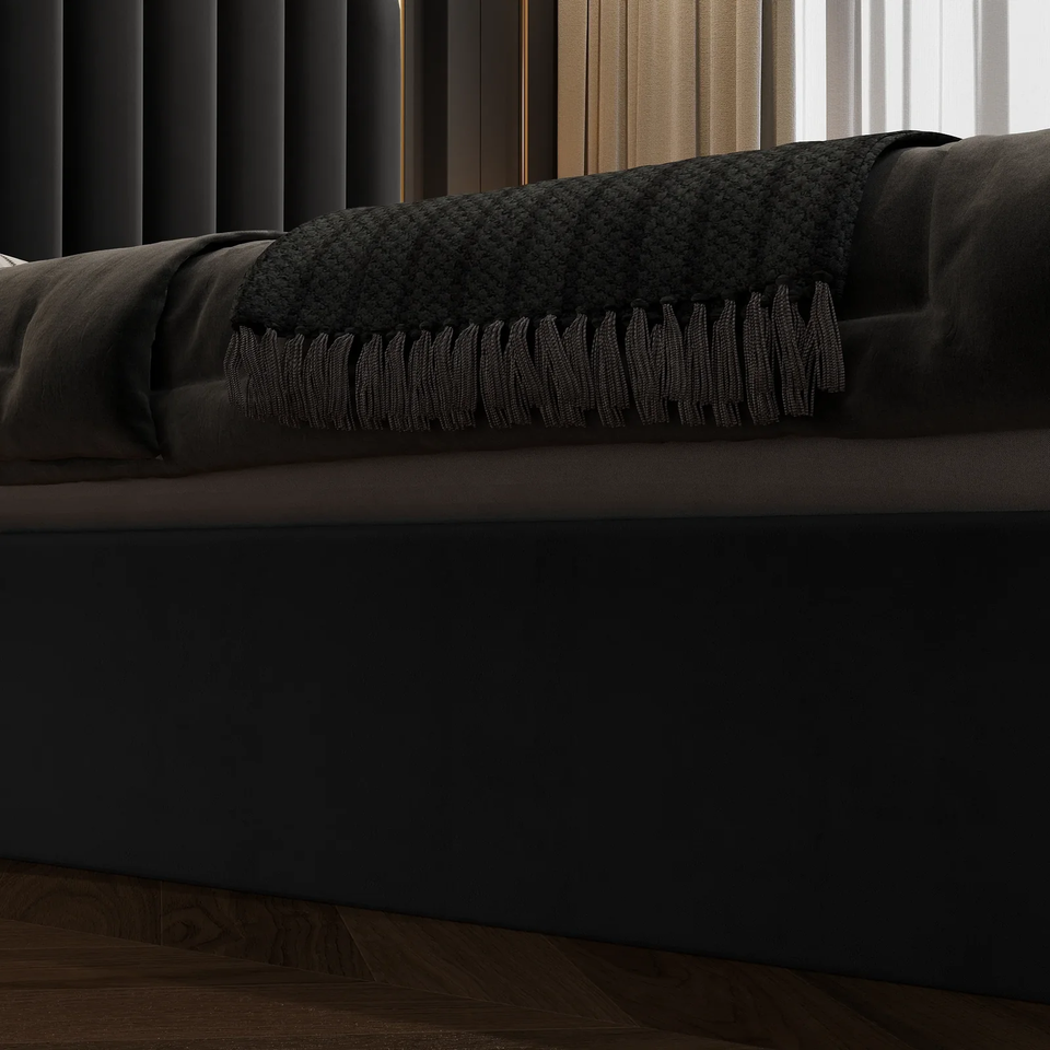 King Size Elegant Luxury Bedframe with Gas Lift Storage Black Velvet Fabric Golden Trim - Cosy Abode