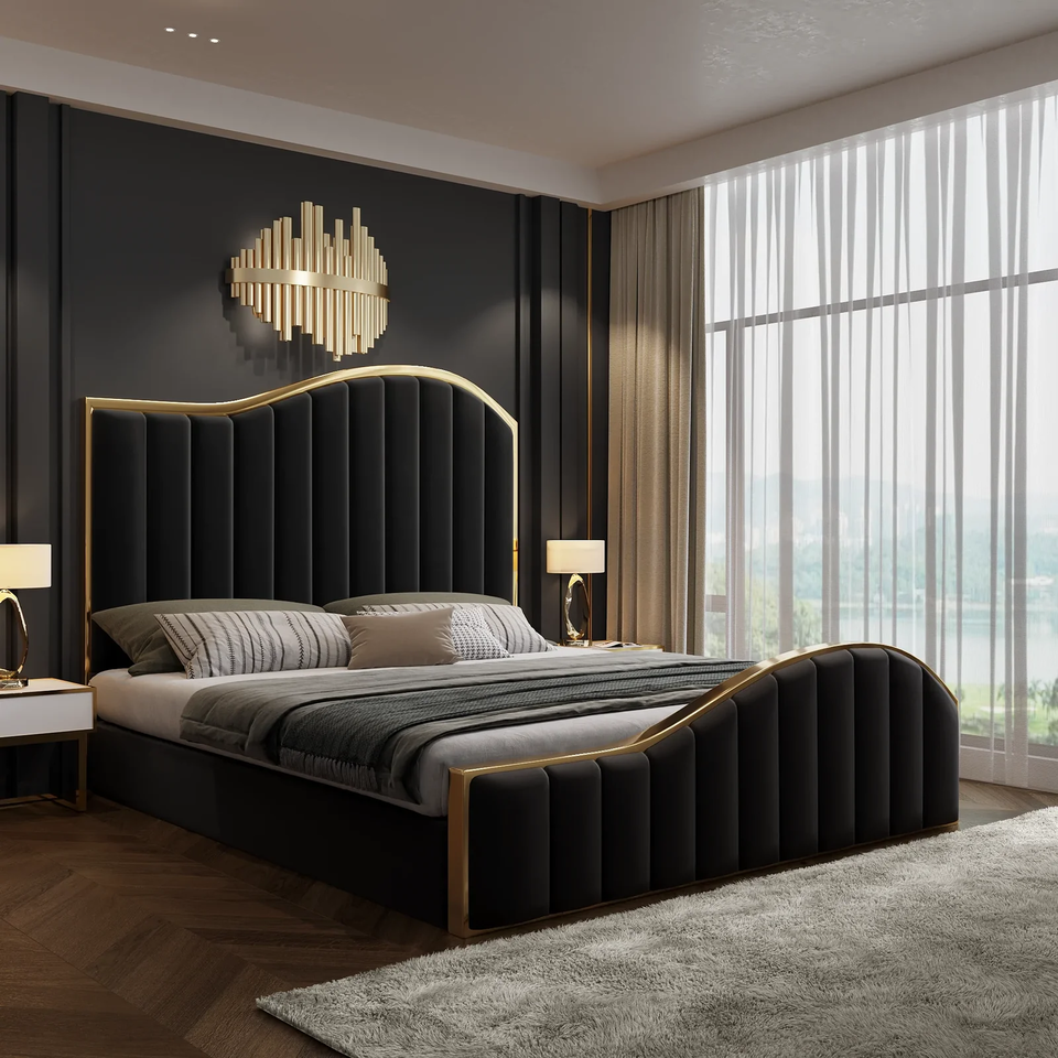 King Size Elegant Luxury Bedframe with Gas Lift Storage Black Velvet Fabric Golden Trim - Cosy Abode