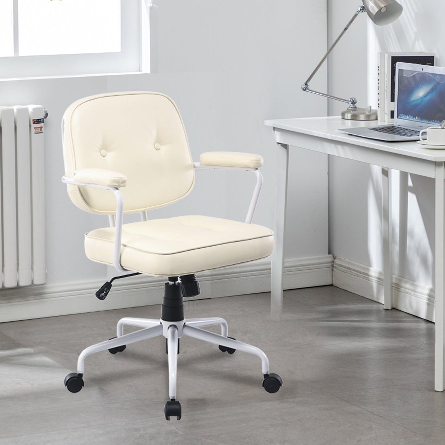 Louise White Frame Faux Leather Home Office Chair in Beige - Cosy Abode