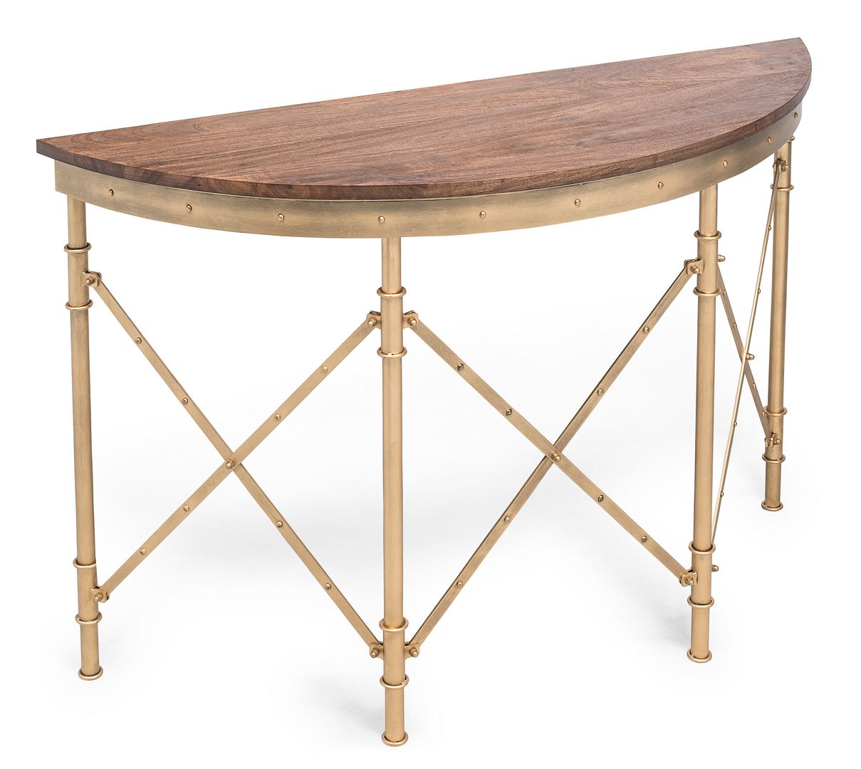 Wooden Hallway Console Table Half Round Shape in French Brass Finish - Cosy Abode
