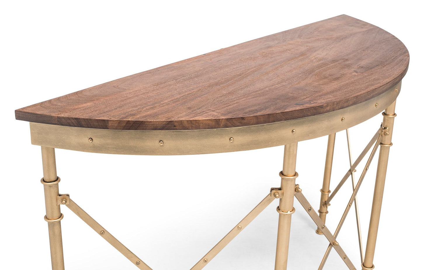 Wooden Hallway Console Table Half Round Shape in French Brass Finish - Cosy Abode