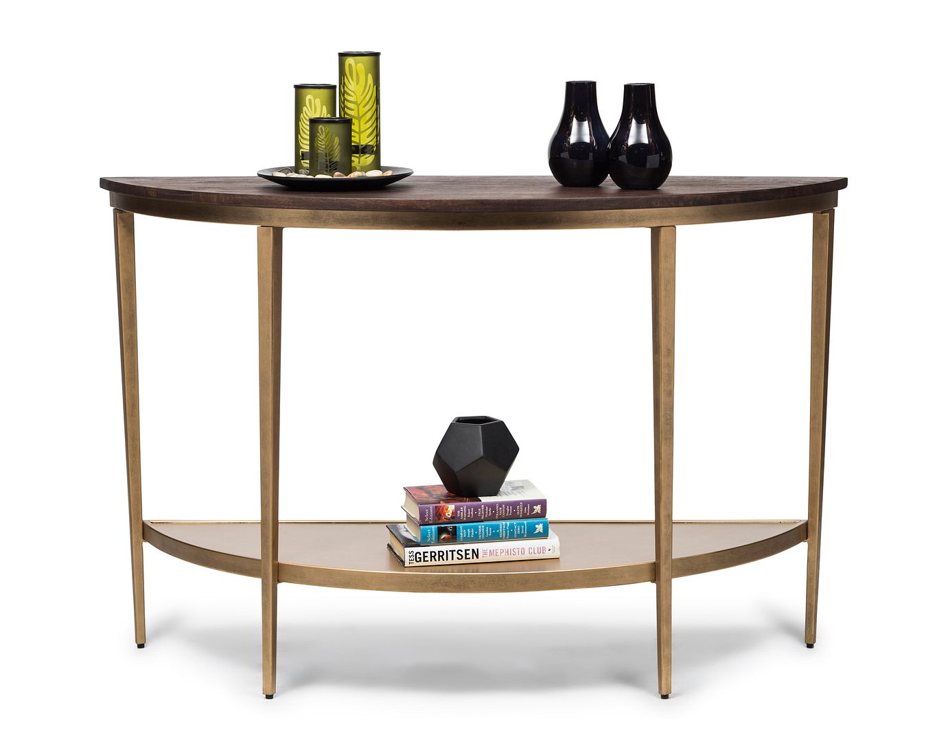 Dark French Brass Half Round Hallway Console Table with Wood Top - Cosy Abode