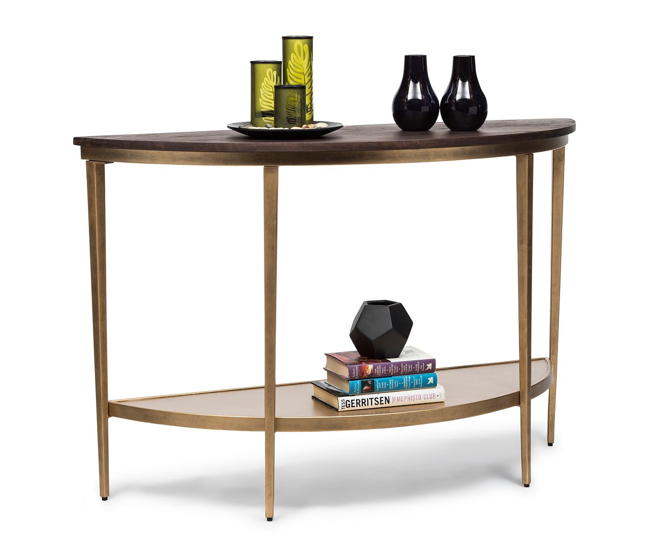 Dark French Brass Half Round Hallway Console Table with Wood Top - Cosy Abode