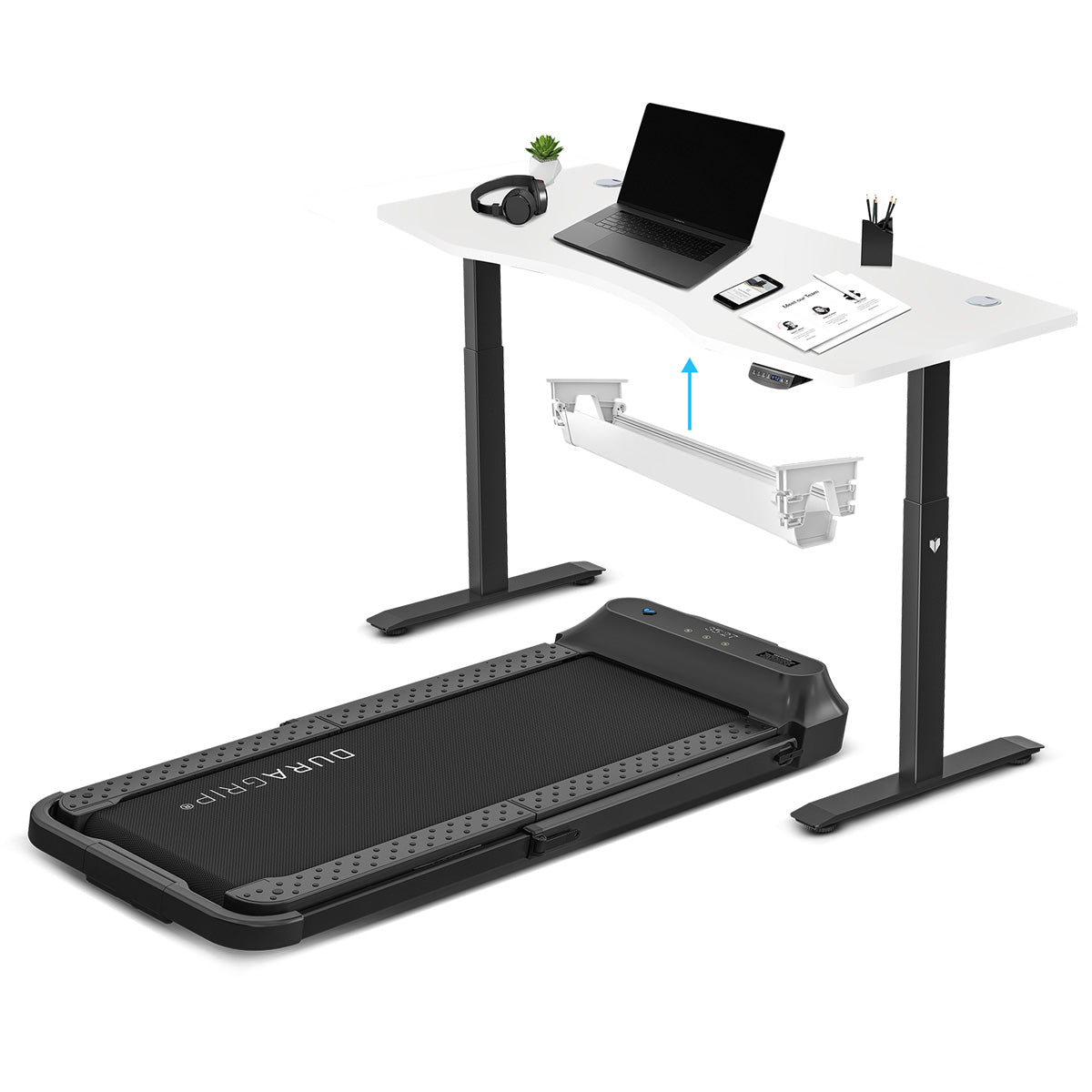 Lifespan Fitness V-FOLD Treadmill with ErgoDesk Automatic Standing Desk 1500mm in White/Black with Cable Management - Cosy Abode