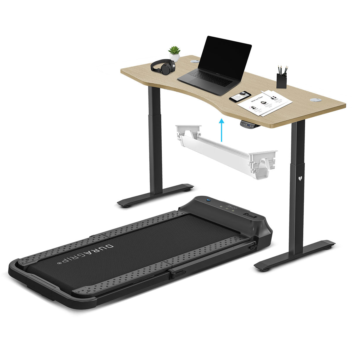 Lifespan Fitness V-FOLD Treadmill with ErgoDesk Automatic Standing Desk 1500mm in Oak/Black with Cable Management - Cosy Abode