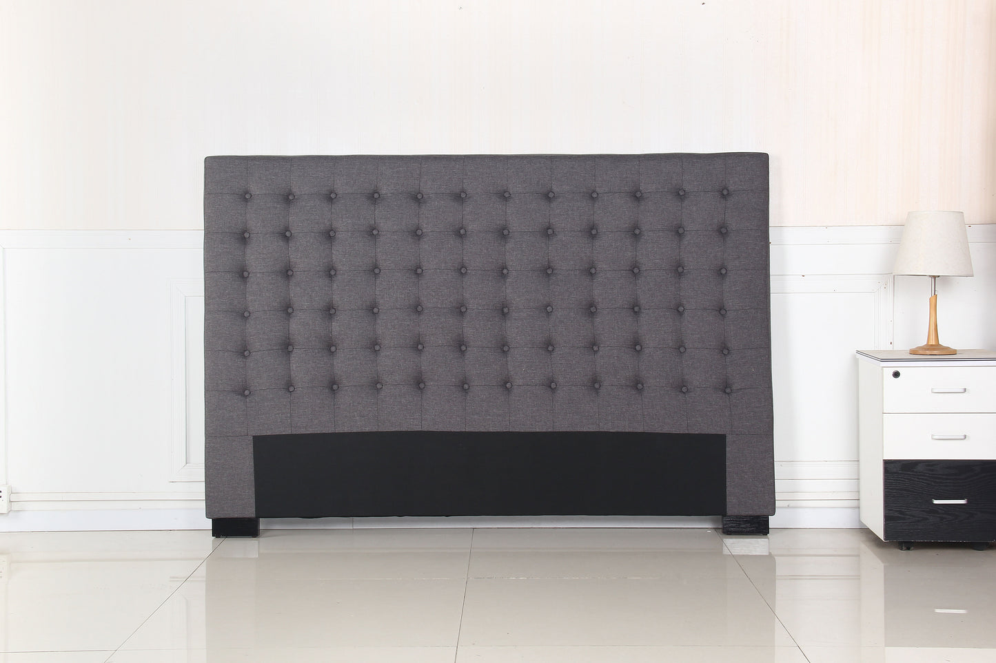 Bed Head King Charcoal Headboard Upholstery Fabric Tufted Buttons - Cosy Abode