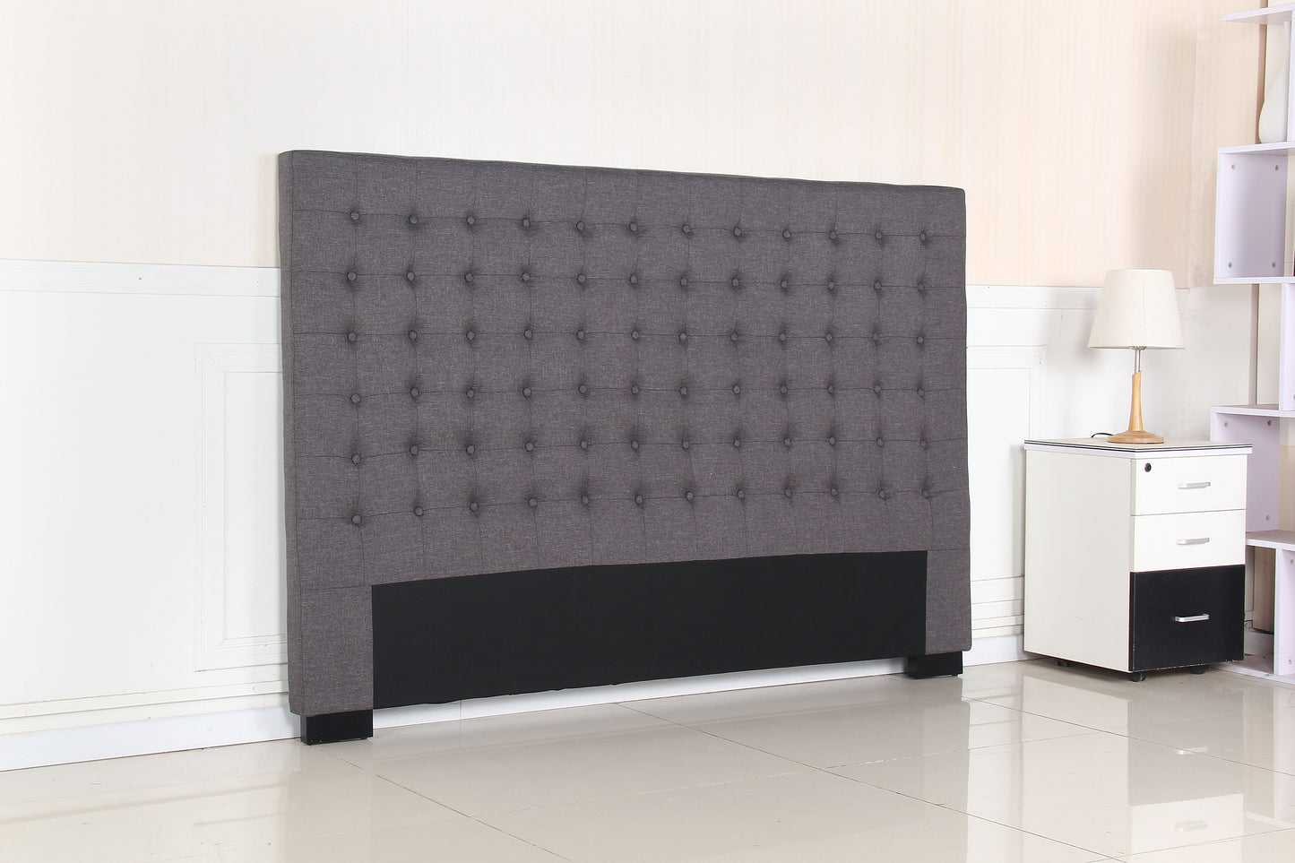Bed Head King Charcoal Headboard Upholstery Fabric Tufted Buttons - Cosy Abode