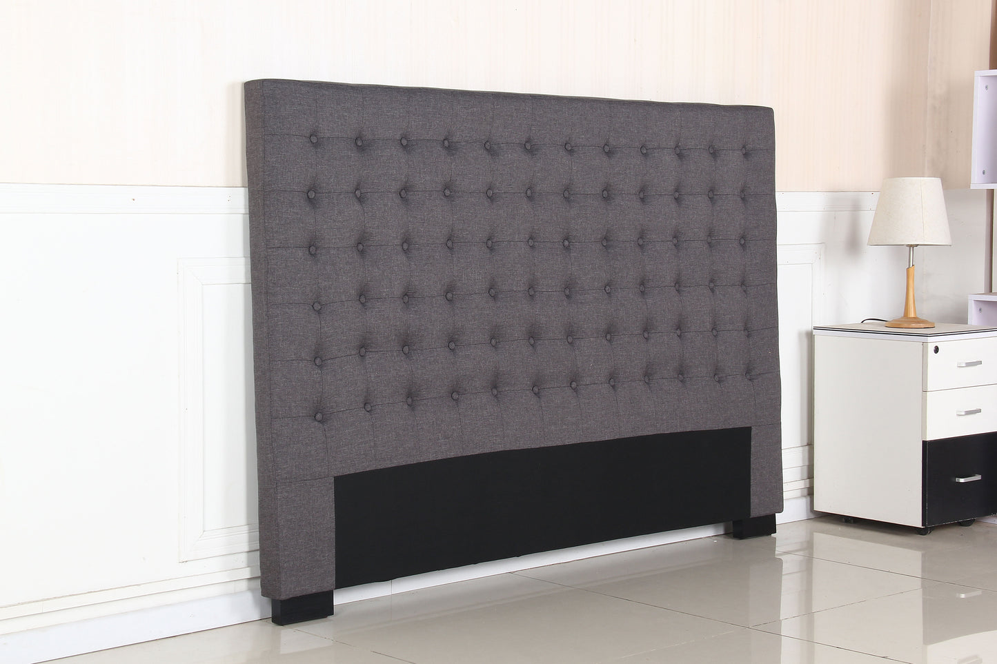 Bed Head King Charcoal Headboard Upholstery Fabric Tufted Buttons - Cosy Abode
