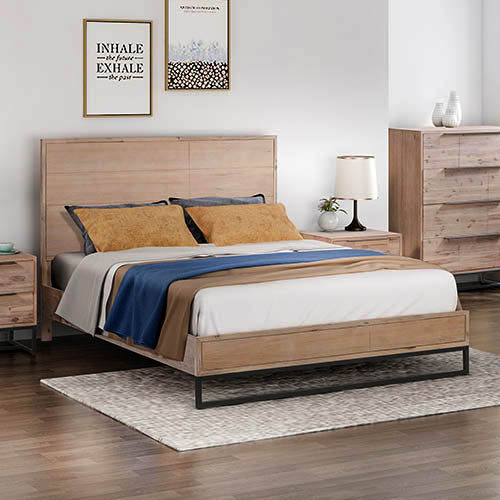 King size Bed Frame Solid Wood Acacia Veneered Bedroom Furniture Steel Legs - Cosy Abode