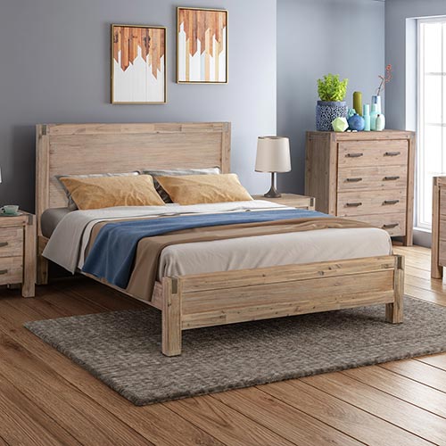 Queen size Bed Frame in Solid Acacia Veneered Medium High Headboard in Oak - Cosy Abode