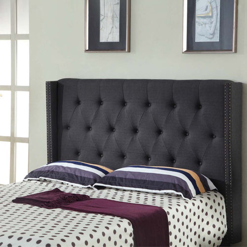 Bed Head Queen Charcoal Headboard Upholstery Fabric Studded Buttons - Cosy Abode