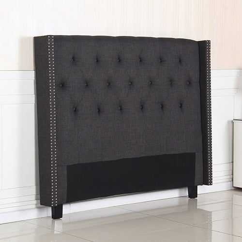 Bed Head Queen Charcoal Headboard Upholstery Fabric Studded Buttons - Cosy Abode