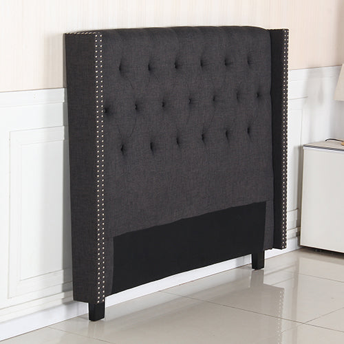 Bed Head Queen Charcoal Headboard Upholstery Fabric Studded Buttons - Cosy Abode