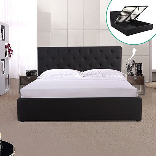 Gas Lift Queen Size Storage Bed Frame Upholstery Fabric in Black Colour with Tufted Headboard - Cosy Abode