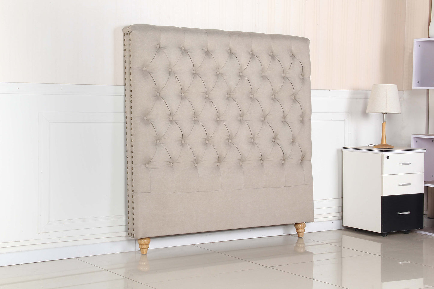 Bed Head Double Size French Provincial Headboard Upholsterd Fabric Beige - Cosy Abode