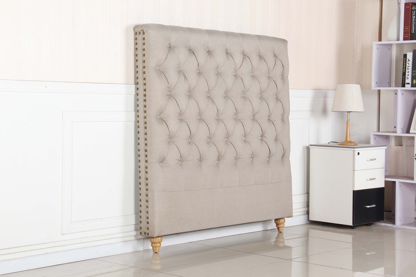 Bed Head Double Size French Provincial Headboard Upholsterd Fabric Beige - Cosy Abode