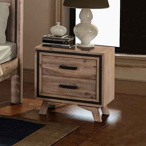 Bedside Table 2 drawer Night Stand with Solid Acacia Storage in Sliver Brush Colour - Cosy Abode
