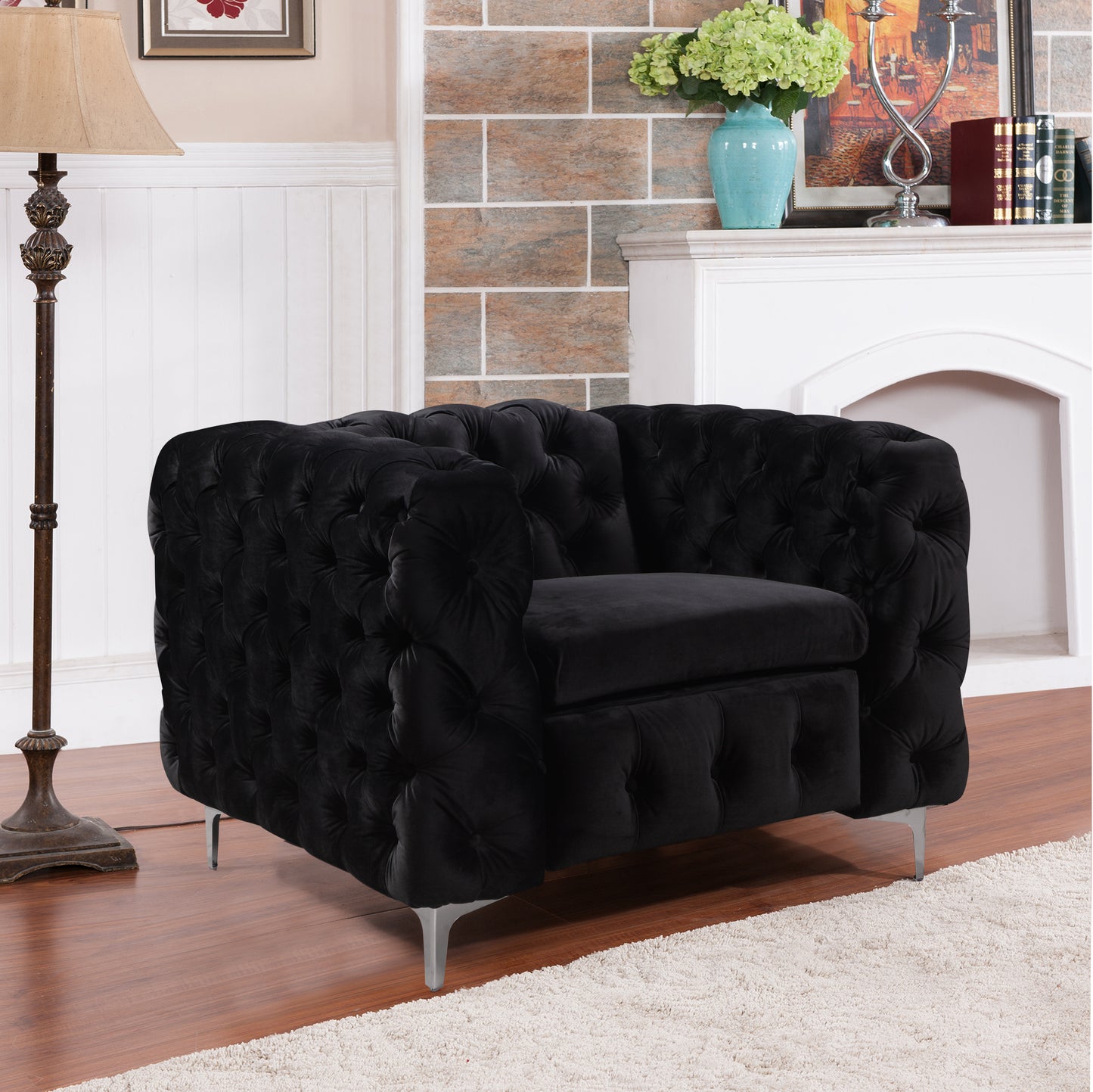 Single Seater Black Sofa Classic Armchair Button Tufted in Velvet Fabric with Metal Legs - Cosy Abode